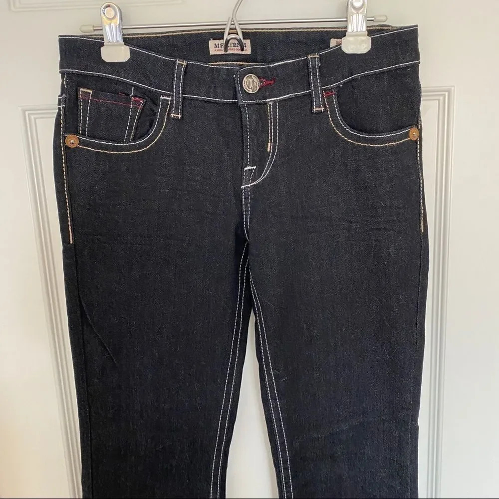 NWT Mek Denim Getty Slim Boot Dark Wash White Stitch Wide Leg Women’s Jeans - Picture 3 of 10